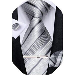 Mens Striped Tie Silk Woven Necktie and Pocket Square Cufflinks Tie Clip Set